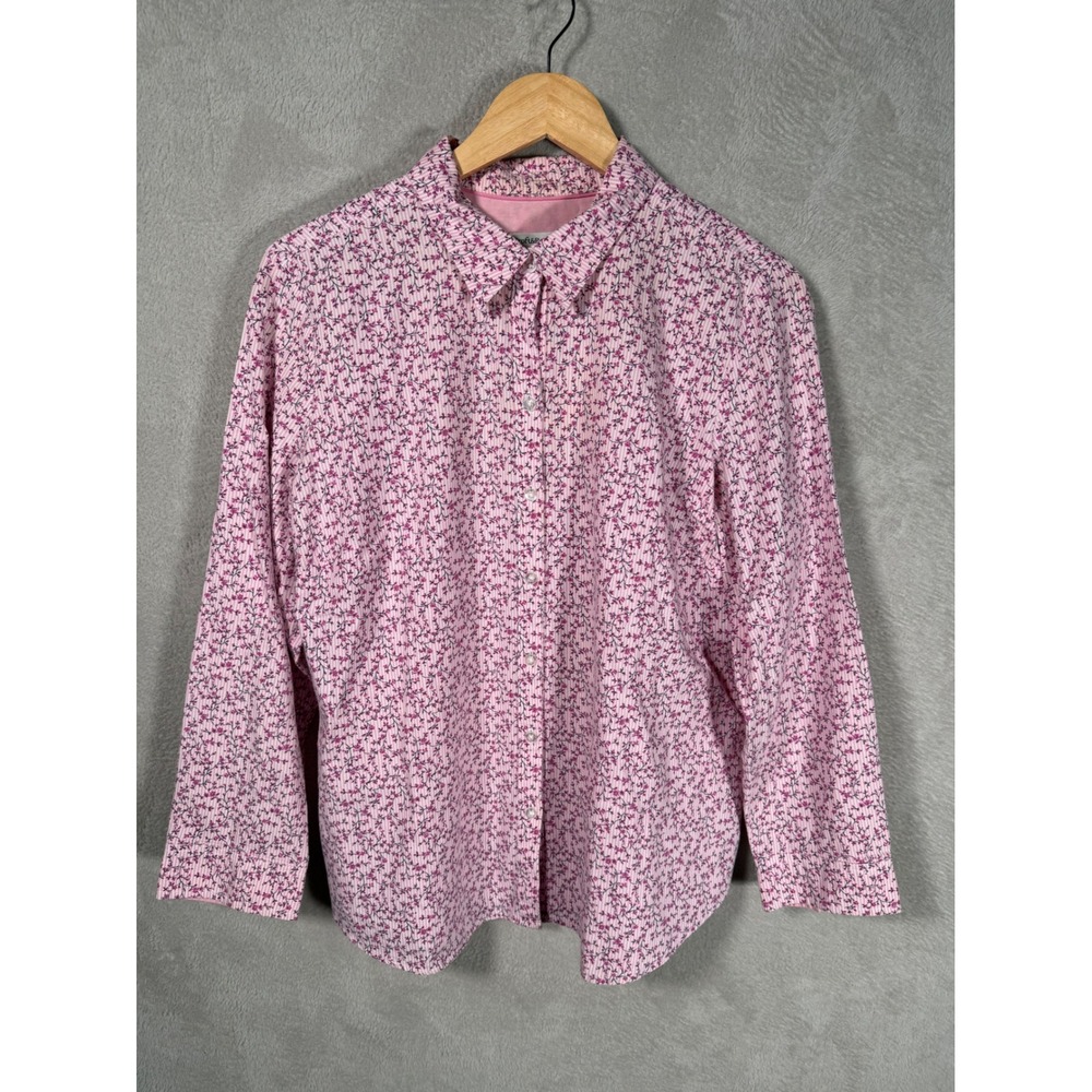 Croft & Barrow Womens Large Pink Floral Seersucker Cotton Button Down Shirt L